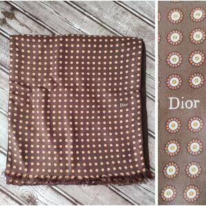 Christian Dior Vintage Brown Daisy Flower Dot Pattern Silk & Wool Fringe Scarf